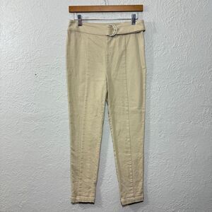 L' Academie Revolve Trouser Pant Small Beige Khaki Belted Buckle Pleated Neutral